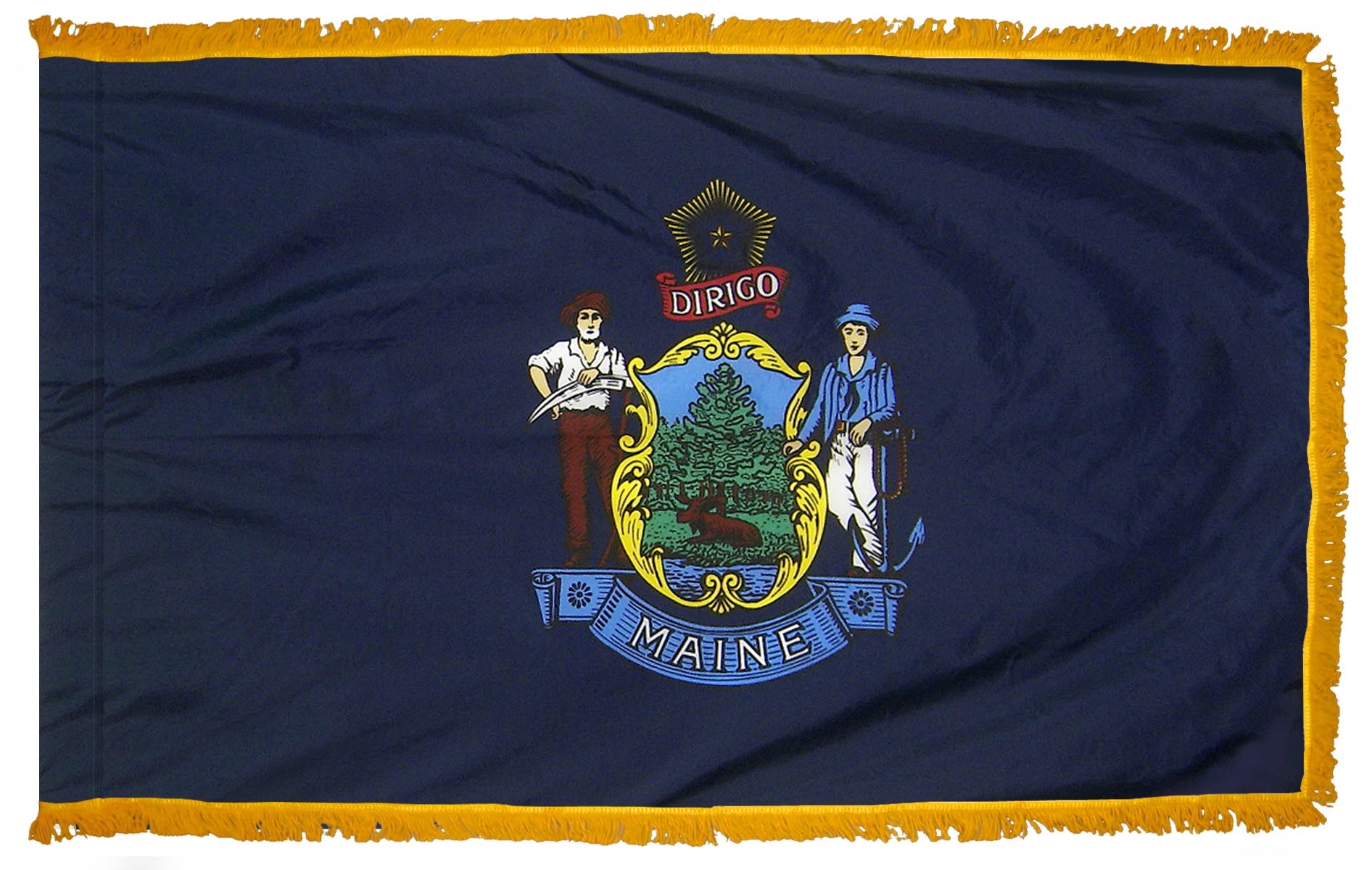 Maine State Flag Nylon with Pole Sleeve and Gold Fringe for Parades, and Indoor Display